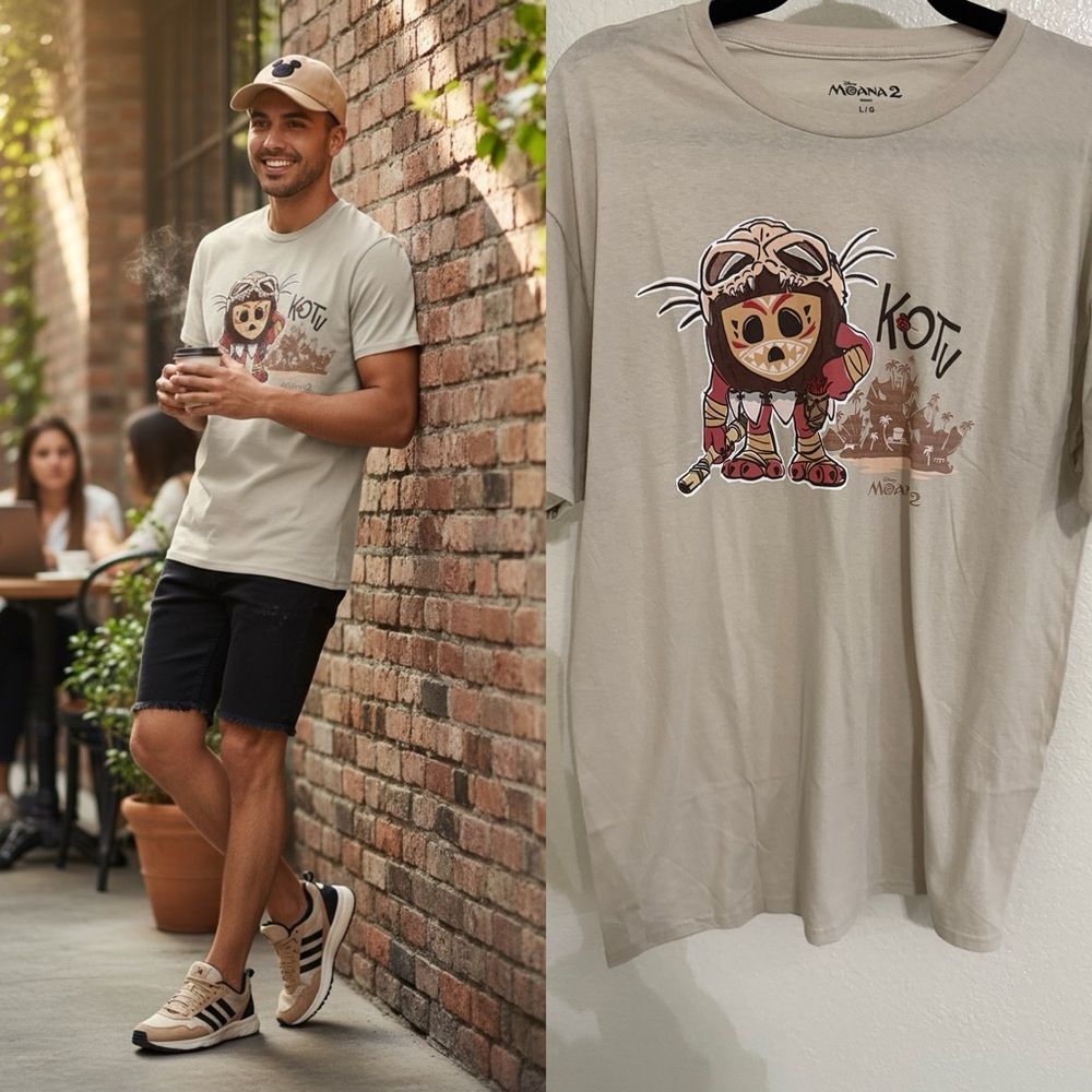 Disney Moana 2 Kotu Graphic T-Shirt Beige Crewneck Tee Men’s Large Cotton
